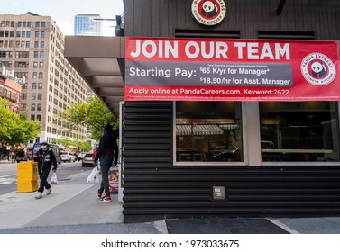 New York NY USA-May 12, 2021 A ÒJoin Our Team " hiring sign hangs outside of a Panda Express restaurant