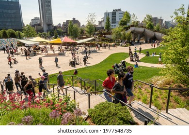 New York NY USA-May 21, 2021 Throngs of visitors invade the new Little Island in Hudson River Park in New York. The park is designed by Thomas Heatherwick