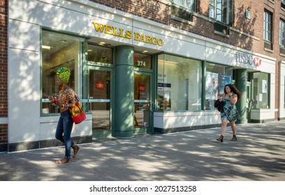 New York NY USA-May 23, 2018 A Wells Fargo bank branch next to a branch of HSBC in Greenwich Village in New York