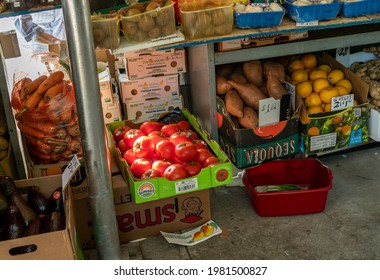 New York NY USA-May 25, 2021 Tomatoes And Other Produce At A Fruit Stand In Chelsea In New York