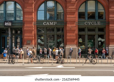 New York NY USA-May 30, 2022 Line To Enter The REI Sporting Goods Store In Soho In New York On Memorial Day