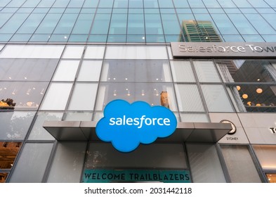 New York NY USA-May 9, 2017 The offices of Salesforce, a cloud-computing company, are seen in Midtown Manhattan in New York
