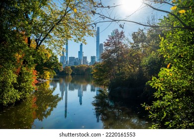 New York NY USA-October 29, 2022 Billionaires Row Rises Over The Lake In Central Park In New York