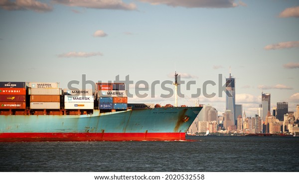 New York NY USA-September 23, 2012 The Maersk line\
Sea Land Champion laden with containers leaves port in the New York\
and New Jersey harbor