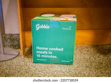 New York NY USA-September 27, 2022 A Delivery From The Gobble Meal Kit Subscription Service Waits To Be Picked Up In The Lobby Of An Apartment Building In New York