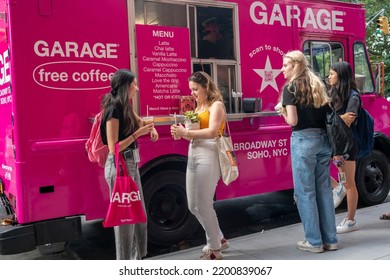 New York NY USA-September 8, 2022 A Food Truck As A Brand Activation For Garage, A Fast Fashion Womenswear Company, Gives Away Free Coffee Drinks Outside Of NYU In Greenwich Village 