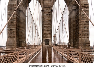 New York, NYC, March 30 2022: New York City Brooklyn Bridge. NYC. Majestic View Of The Old Bridge.  Brooklyn Bridge Close Up Photography. New York Skyline. 