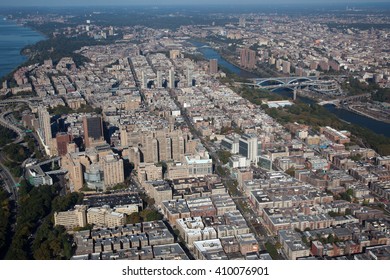 New York NYC . Washington heights at sunset. Aerial view. View from helicopter on Manhattan