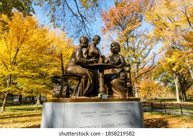 New York, Ny-November 9 2020; The Statue Of Women’s Right Pioneers In Central Park During Fall.