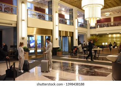 New York, NY/United States- 04/23/2019: Hotel Guests Congregate In The Lobby Of The New Yorker Hotel.