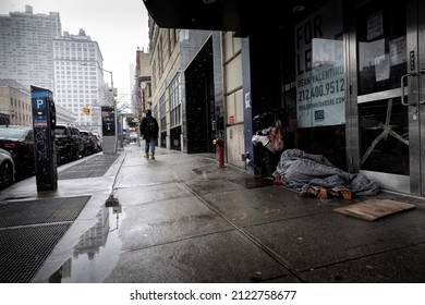 New York, NY-USA 02.13.2022. NYC subway homeless. Crisis.