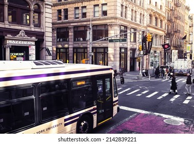 New York, NY,USA, City Life Busy Traffic With Bus Waiting, 11,3,2022