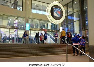 New York, NY/USA - December 11 2017: NHL Hockey fans gather at Madison Square Garden for a NY Rangers match versus the Dallas Stars in New York City