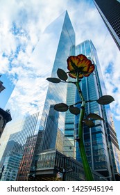  NEW YORK, NY/USA - March 11,2019 . A Bottom View Of Rose III Outside Zucotti Park By German Sculpture Isa Genzken  In Manhattan