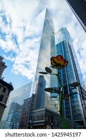  NEW YORK, NY/USA - March 11,2019 . A Bottom View Of Rose III Outside Zucotti Park By German Sculpture Isa Genzken  In Manhattan