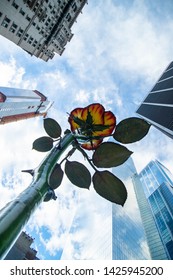  NEW YORK, NY/USA - March 11,2019 . A Bottom View Of Rose III Outside Zucotti Park By German Sculpture Isa Genzken  In Manhattan