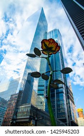  NEW YORK, NY/USA - March 11,2019 . A Bottom View Of Rose III Outside Zucotti Park By German Sculpture Isa Genzken  In Manhattan