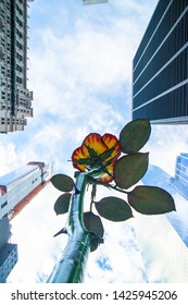  NEW YORK, NY/USA - March 11,2019 . A Bottom View Of Rose III Outside Zucotti Park By German Sculpture Isa Genzken  In Manhattan