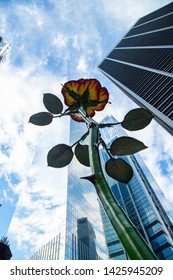  NEW YORK, NY/USA - March 11,2019 . A Bottom View Of Rose III Outside Zucotti Park By German Sculpture Isa Genzken  In Manhattan