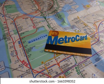 New York, NY/USA - March 22, 2018: New York MTA Card And The Manhattan Subway Map.