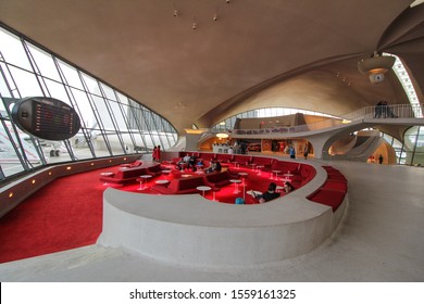 NEW YORK, NY/USA - October 29, 2019. Interior of the TWA Hotel, (TWA Flight Center), at John F. Kennedy International Airport. Sunken Lounge in the lobby. Editorial use only.  