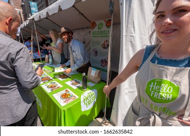 New York NY/USA-April 23, 2019 Workers promote the HelloFresh brand meal kit subscription service in New York