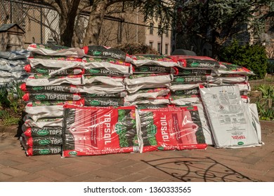 New York NY/USA-April 4, 2019 Bags Of Topsoil Waiting To Be Distributed To Members' Plots In A Community Garden In New York