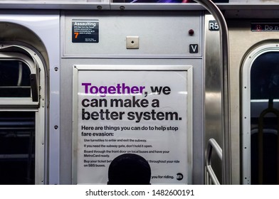 New York NY/USA-August 18, 2019 Advertising In A Subway Car In New York Warns Of The Consequences Of Fare Evasion