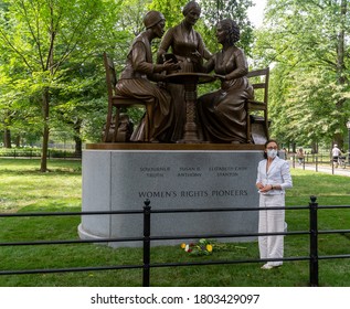 New York NY/USA-August 26, 2020 Meredith Bergmann Poses In Front Of Her Womens Rights Pioneer Monument In Central Park. The Statue Is Of Sojourner Truth, Susan B. Anthony And Elizabeth Cady Stanton