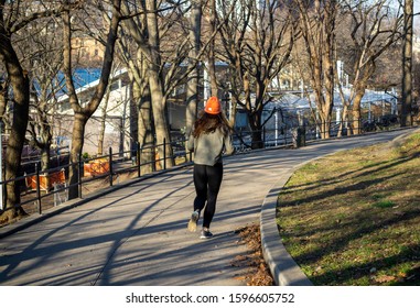 New York NY/USA-December 22, 2019 Lone Jogger In Marcus Garvey Park In The Harlem Neighborhood In New York