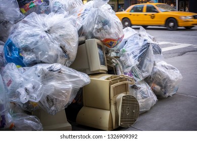 New York NY/USA-February 28, 2019 Obsolete Electronics Mixed In With Curbside Pick-up Materials In New York