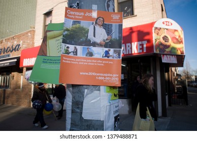 New York NY/USA-January 10, 2010 A Poster Advertising Jobs For The US Census Bureau Is Seen In The Bushwick Neighborhood Of Brooklyn In New York