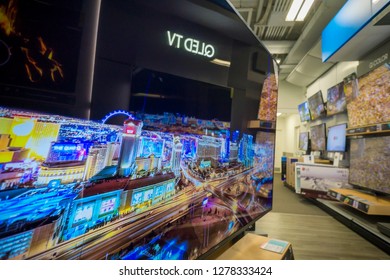 New York NY/USA-January 26, 2018 Samsung QLED TV Brand 4K Ultra High Definition Televisions In A Best Buy Electronics Store In New York