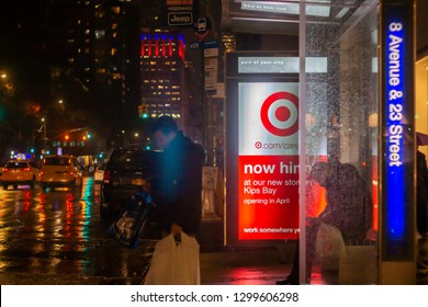 New York NY/USA-January 29, 2019 A Sign On Bus Shelter In New York Advertises That The Future Target Store In The Kips Bay Neighborhood In New York Is Hiring.