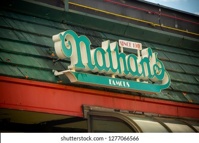 New York NY/USA-January 6, 2019 Signage outside the stand-alone Nathan's Famous location in the Bay Ridge neighborhood of Brooklyn in New York on its last day