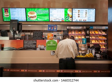 New York NY/USA-July 24, 2019 Signage In A DunkinÕ Restaurant In New York Promotes Their Plant-based Breakfast Sandwich Made With Beyond MeatÕs Vegan Sausage