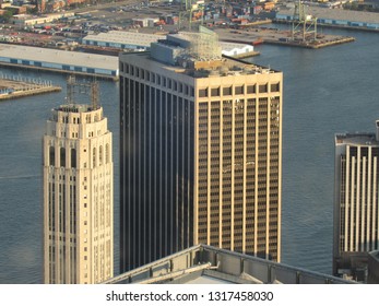 New York, NY/USA-June 6, 2015: A View Of Lower Manhattan, Including 55 Water Street (center), From The Observatory Atop One World Trade Center, New York, NY.