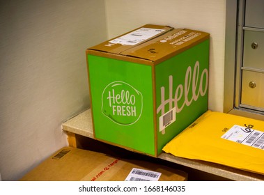 New York NY/USA-March 2, 2020 A Delivery From The Hello Fresh Meal Subscription Service Waits To Be Picked Up In The Lobby Of An Apartment Building