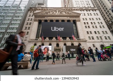 New York NY/USA-May 10, 2019 The facade of the New York Stock Exchange in New York is decorated for the highly anticipated initial public offering of the ride sharing service Uber