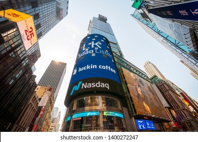 New York NY/USA-May 17, 2019 The giant video screen on the Nasdaq stock exchange in Times Square in New York is decorated for the debut of the Luckin Coffee initial public offering