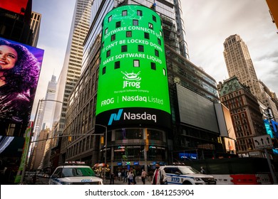 New York NY/USA-October 24, 2020 Advertising For JFrog Software Company On The Giant Nasdaq Video Screen In Times Square In New York