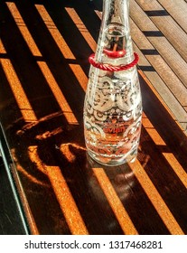 New York, NY/USA-Sept. 22, 2017: Evian Bottle Sitting On A Polished Wood Window Sill In The Gramercy Park Hotel, New York City. 