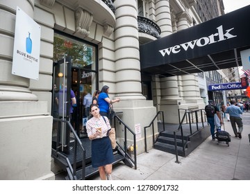 New York NY/USA-September 15, 2017 A Busy Blue Bottle Coffee Shop Located Next To A WeWork Co-working Space In New York