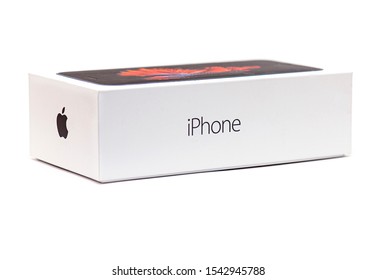 NEW YORK - OCT 27: Box of the Apple iPhone isolated on white Background in NY on October 27. 2019 in USA