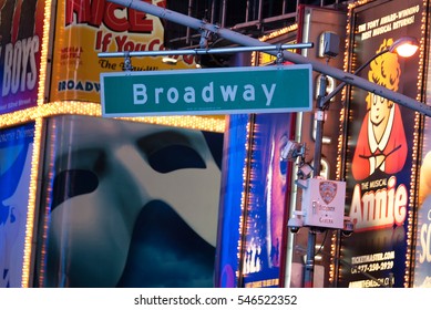 NEW YORK, NEW YORK - OCT 29: Broadway street sign backed by advertisements  in Times Square in New York City on October 29, 2012. Broadway is generally renowned as the captial of theatre.