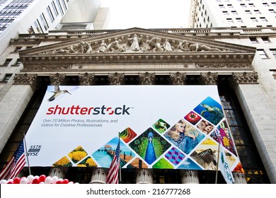 NEW YORK - OCTOBER 17, 2014:  Shutterstock Banner Displayed In Front Of The New York Stock Exchange On The Day Of The Bell Ringing Ceremony To Start Trading Under The Ticker SSTK.