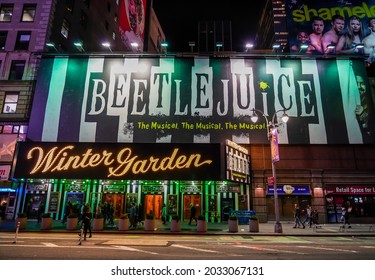 NEW YORK - OCTOBER 24, 2019: The Exterior Of The Winter Garden Theater, Featuring The Play Beetlejuice The Musical On Broadway In New York City 