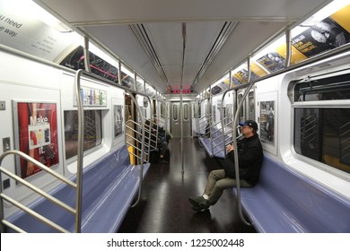 NEW YORK - OCTOBER 25, 2018: Inside Of NYC Subway Car At 34 Street - Hudson Yards Station In Manhattan. Owned By The NYC Transit Authority, The Subway System Has 469 Stations In Operation