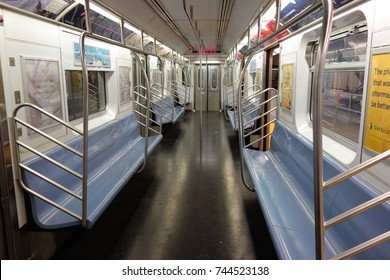 NEW YORK - OCTOBER 26, 2017: Inside Of NYC Subway Car At 34 Street - Hudson Yards Station In Manhattan. Owned By The NYC Transit Authority, The Subway System Has 469 Stations In Operation