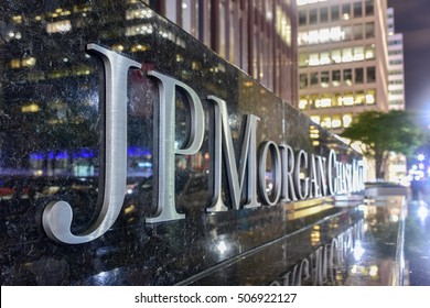 New York - October 29, 2016: The corporate sign in front of the JP Morgan Chase & Co office building on Park Avenue in New York City.